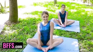 Flexible teen gymnasts Katie Kush and Kenzie Madison get their holes stretched by a huge dick