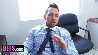 Three extra-hot busty secretaries getting fucked by their boss's step-son in an office setting