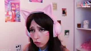 Gamer girl in Dva Overwatch cosplay masturbates with a dildo and rides it while playing
