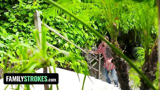 Two naughty teens got caught painting their tits on 4th of July