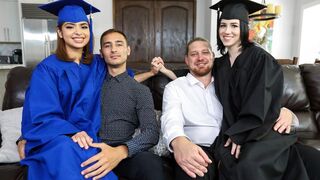 Two step daughters are getting fucked hard by their father for graduation