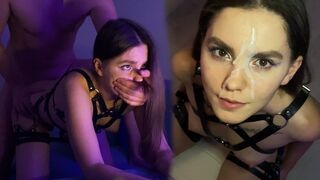 Hot brunette gets fucked in a harness and cum on her face