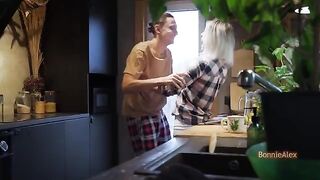 A couple has a quickie right in the kitchen, getting caught