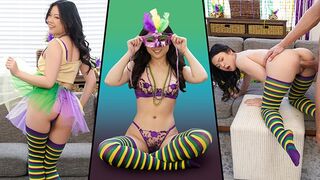 Petite Asian teen Lulu Chu gets her tight pussy smashed on Mardi Gras