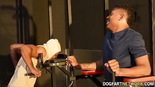 Kay Carter gets fucked by two black guys in the gym, her husband watches
