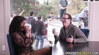 Ebony babe Paris The Muse gets her mouth full of white cock