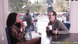 Ebony babe Paris The Muse gets her mouth full of white cock