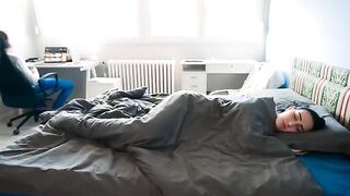 The guy does not take off his pants when he is at home with his stepmom