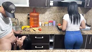 A beautiful 18-year-old cooks for her stepfather because he makes her eat