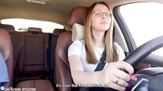 The stepson is having fun with his beautiful stepmom in the car