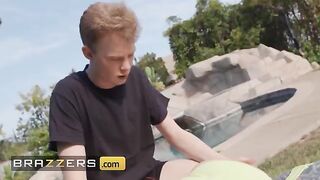 Stepmom and stepdaughter share a sticky sit-down blowjob