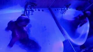 The blonde plays with sex toys in the bathroom and imitates a blowjob