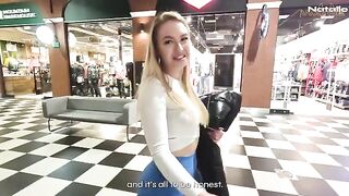 A big ass blonde gets fucked in the shopping mall toilet for cash