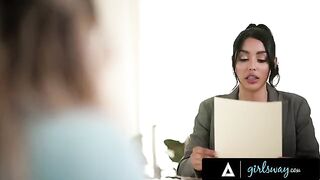 Busty lawyer Vanessa Sky spanks her employee Kayley Gunner