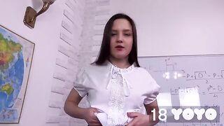 Cute girl came to the exam with a dildo