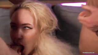 Two guys with huge cocks fucked her mouth and holes in an intense threesome