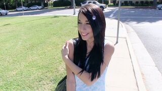 Teen slut Mia Hurley shows her boobs to get fucked for cash outdoors
