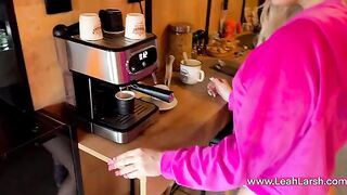 A hot blondie, probably Leah Meow, got fucked after a morning coffee