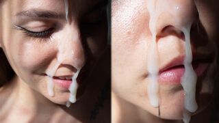 Sexual brunette gets a huge cumshot on her cute face