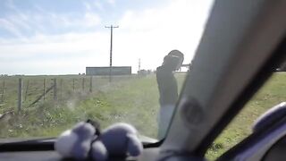 Petite teen gets horny on road trip, sucks and swallows