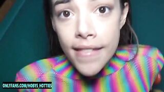Skinny petite teen Harmony Wonder gets her throat fucked and face covered with cum