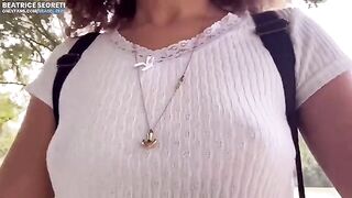 Public masturbation and hard orgasm with a stranger watching in a public place