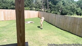 A hot blonde gets naked in the backyard and quickly fucked on the porch