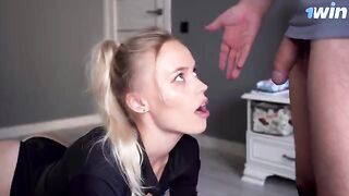 Step mom saw her stepson's cock and wanted to suck it, ending with a creampie on her pink pussy