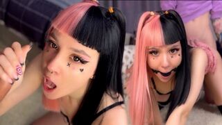 The hottest Emo girl with pink hair gets deepthroat and gagging blowjobs