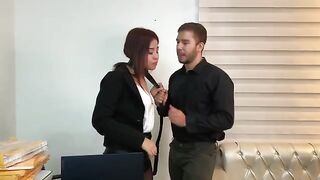 The cutie secretary in stockings is fucking with her handsome boss