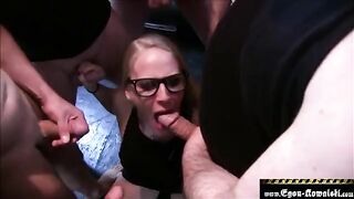 Amateur guy fucked by a blonde in a gangbang