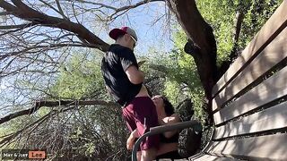 Busty girl nearly gets caught giving a blowjob by the lake