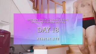 Pervert guy masturbates on the stairs, and his stepmom caught him