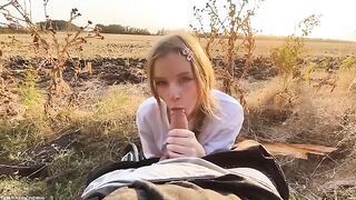 A beautiful Russian blonde got fucked outdoors and received a cum walk