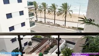 A girl with big ass fucks publicly on the balcony and gets cum on her face
