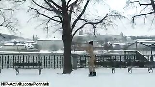 The hot student bares her boobs and ass on the city streets