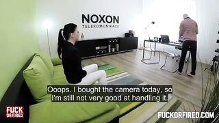 Brunette beauty gets fucked on the table by a casting agent