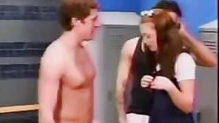 A cute schoolgirl was double penetrated by two cocks in the locker room