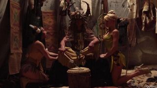 Red-skinned babes fucked with a fairytale hero in an intense threesome