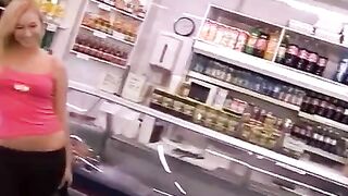 A stunning blonde is getting fucked right behind the cashier