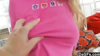 A sweet young blondie plays with toys and gets herself off on cam