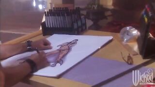 A girl in glasses is worshiping her huge gorgeous boobs