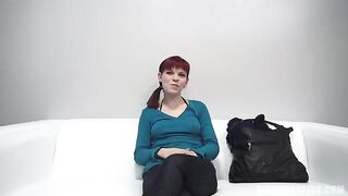 Red-haired 18-year-old agrees to masturbate and show her tits at casting