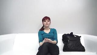 Red-haired 18-year-old agrees to masturbate and show her tits at casting