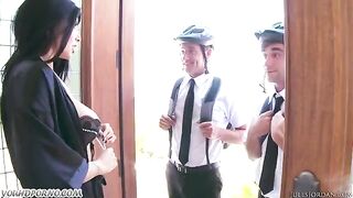Appetizing brunette with big tits fucked by two Jehovah’s witnesses in a steamy threesome