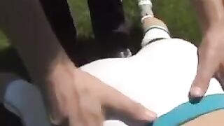 A beautiful sports brunette has sex right on the couch and receives a cumshot