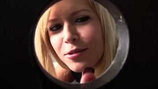 Blonde sucker through the hole in the toilet bowl