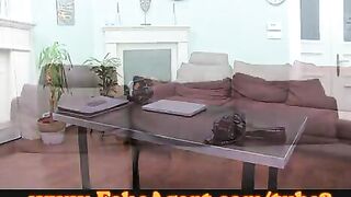 An attractive girl shows her skills in a casting couch interview, giving a blowjob