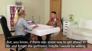 A blonde girl is fucking with a photographer on the casting couch