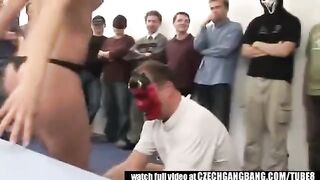 An abnormal model has sex with three guys and gets her mouth filled with cum